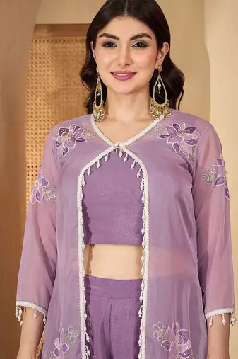 Zari sequence thread embroidered with lace crop top with palazzos & shrug
