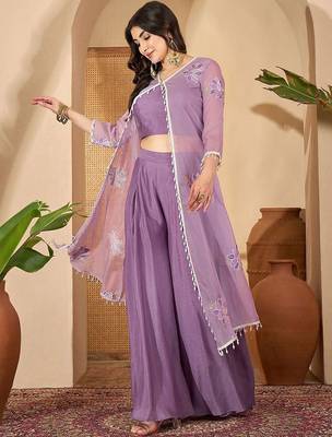 Zari sequence thread embroidered with lace crop top with palazzos & shrug 4