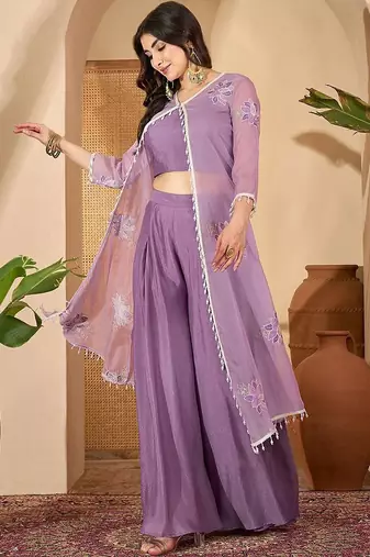 Zari sequence thread embroidered with lace crop top with palazzos & shrug
