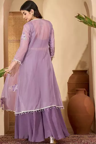 Zari sequence thread embroidered with lace crop top with palazzos & shrug