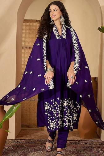 Floral embroidered thread embroidered a-line kurta with trousers & dupatta