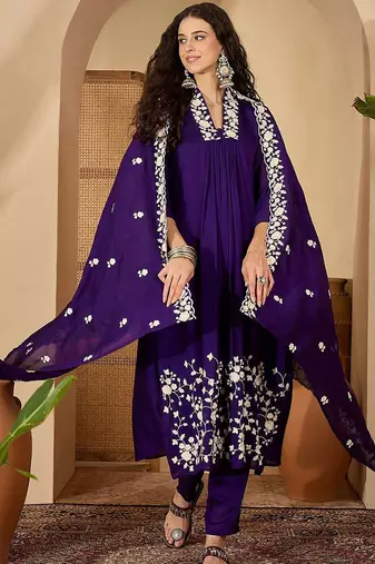 Floral embroidered thread embroidered a-line kurta with trousers & dupatta