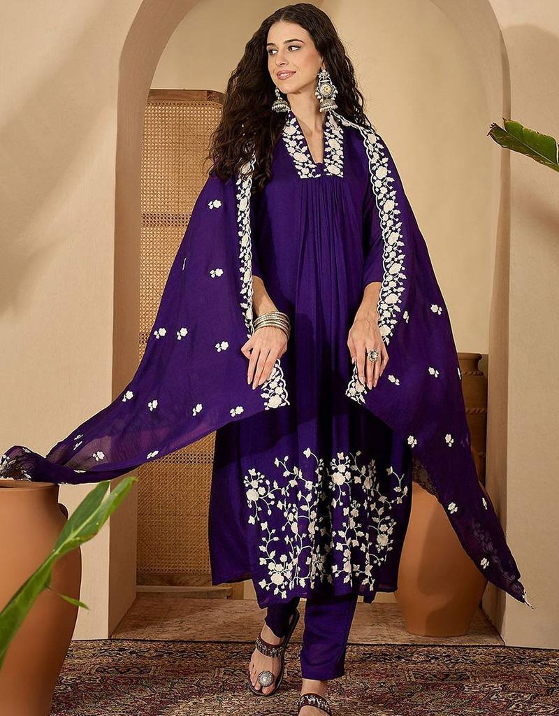 Floral embroidered thread embroidered a-line kurta with trousers & dupatta