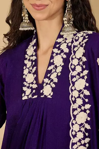 Floral embroidered thread embroidered a-line kurta with trousers & dupatta