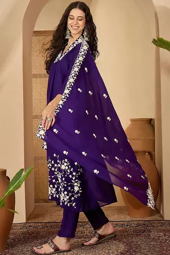 Floral embroidered thread embroidered a-line kurta with trousers & dupatta