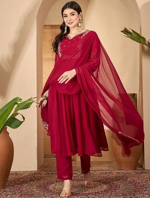 Women floral embroidered a-line kurta with trousers & dupatta 1