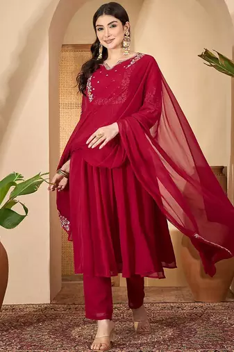 Women floral embroidered a-line kurta with trousers & dupatta