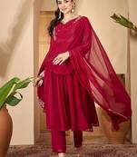 Women floral embroidered a-line kurta with trousers & dupatta