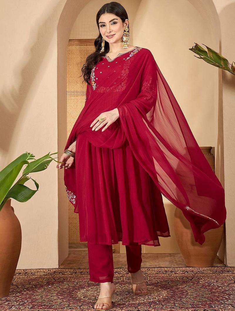 Women floral embroidered a-line kurta with trousers & dupatta