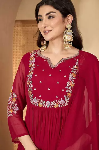 Women floral embroidered a-line kurta with trousers & dupatta