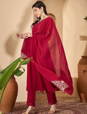 Women floral embroidered a-line kurta with trousers & dupatta 5