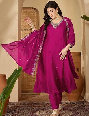 Floral embroidered v-neck sequinned a-line kurta with trousers & dupatta 1