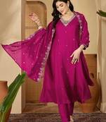 Floral embroidered v-neck sequinned a-line kurta with trousers & dupatta