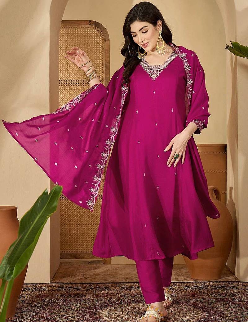 Floral embroidered v-neck sequinned a-line kurta with trousers & dupatta