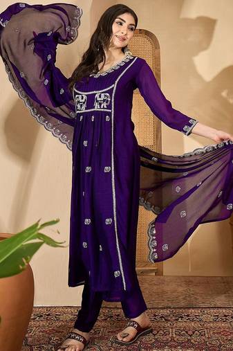 Ethnic motifs embroidered pleated sequinned a-line kurta with trousers & dupatta