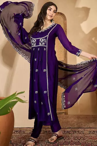 Ethnic motifs embroidered pleated sequinned a-line kurta with trousers & dupatta