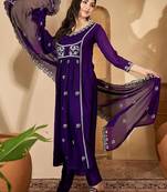 Ethnic motifs embroidered pleated sequinned a-line kurta with trousers & dupatta