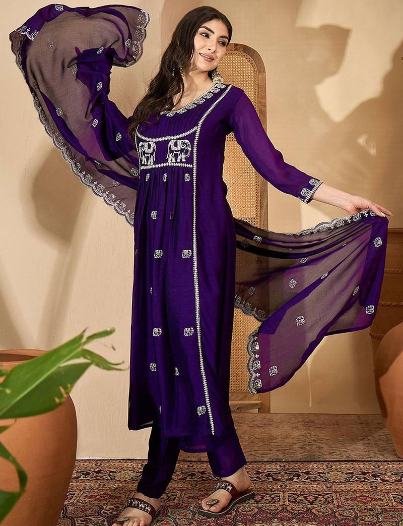 Ethnic motifs embroidered pleated sequinned a-line kurta with trousers & dupatta