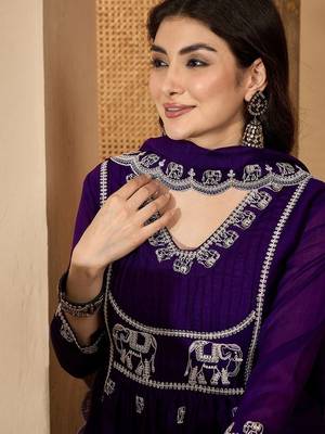 Ethnic motifs embroidered pleated sequinned a-line kurta with trousers & dupatta 2