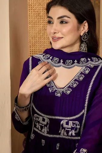 Ethnic motifs embroidered pleated sequinned a-line kurta with trousers & dupatta