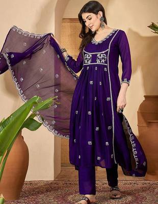 Ethnic motifs embroidered pleated sequinned a-line kurta with trousers & dupatta 5