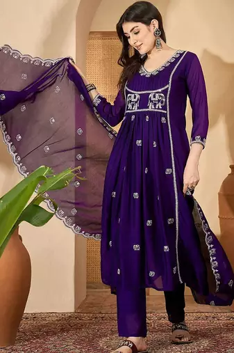 Ethnic motifs embroidered pleated sequinned a-line kurta with trousers & dupatta