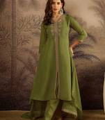 Floral embroidered v-neck sequinned a-line kurta with trousers & dupatta