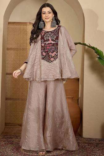 Women beige embroidered silk blend kurta sets