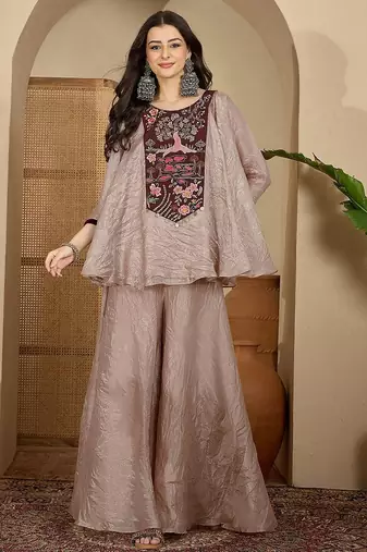 Women beige embroidered silk blend kurta sets