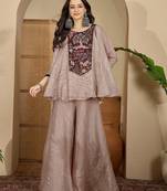 Women beige embroidered silk blend kurta sets