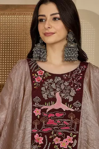 Women beige embroidered silk blend kurta sets