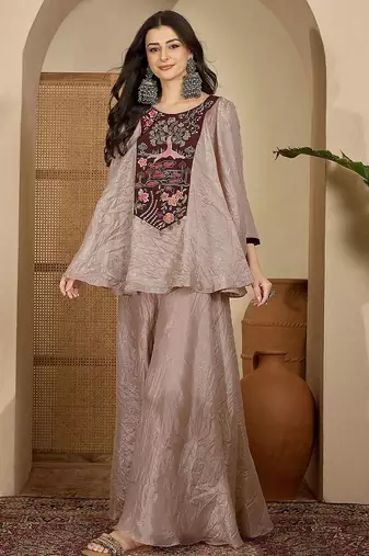 Women beige embroidered silk blend kurta sets