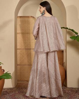 Women beige embroidered silk blend kurta sets 5
