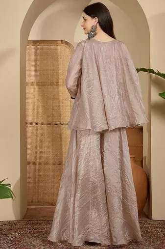 Women beige embroidered silk blend kurta sets