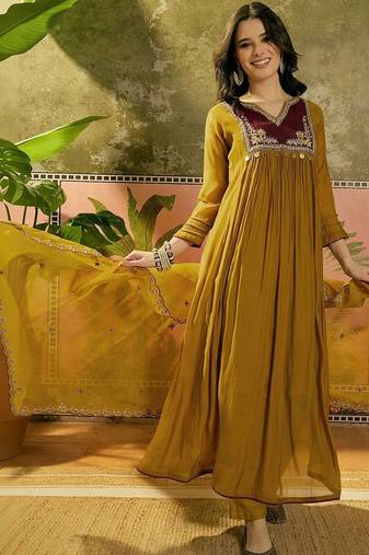 Embroidered a-line kurta & trousers with dupatta