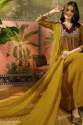 Embroidered a-line kurta & trousers with dupatta