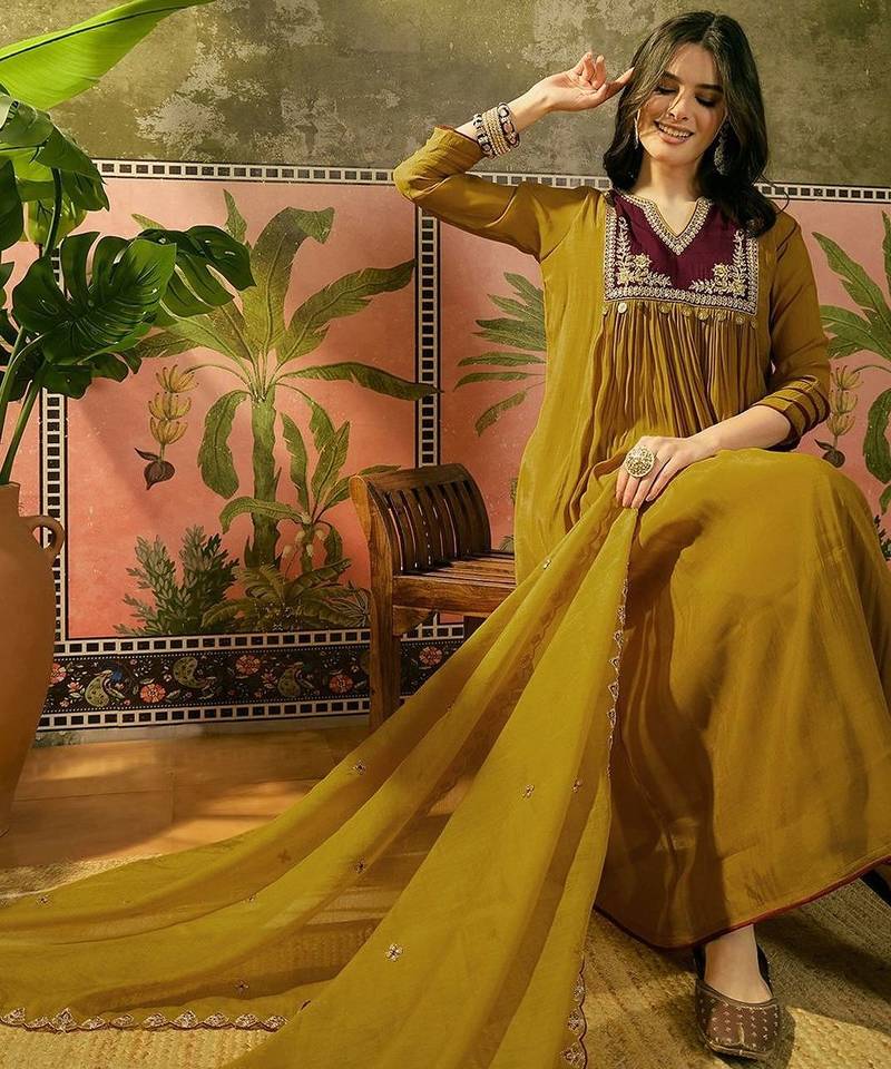 Embroidered a-line kurta & trousers with dupatta
