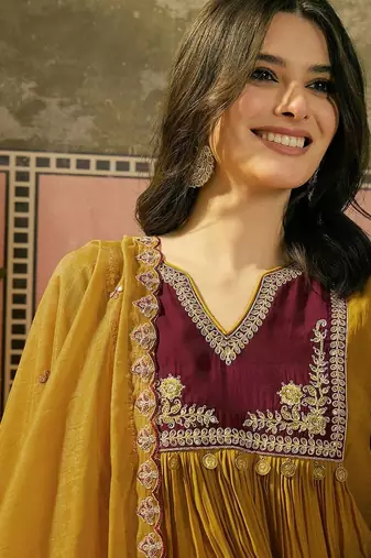 Embroidered a-line kurta & trousers with dupatta