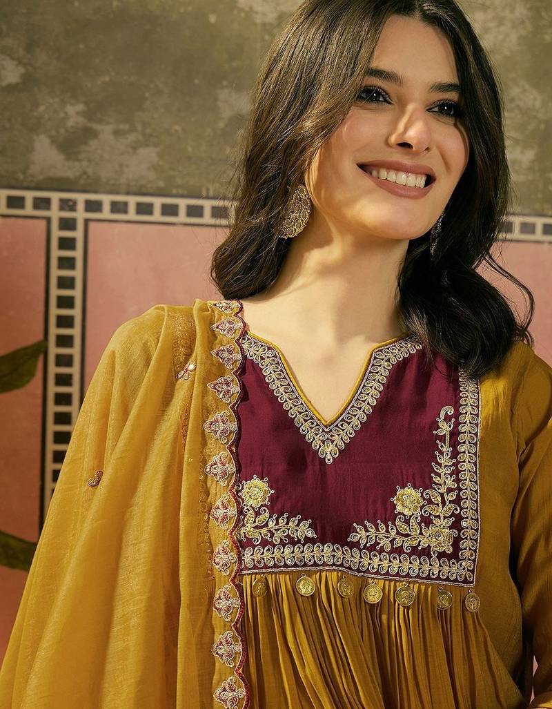Embroidered a-line kurta & trousers with dupatta
