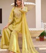 Women floral embroidered panelled sequinned kurta with palazzos & with dupatta