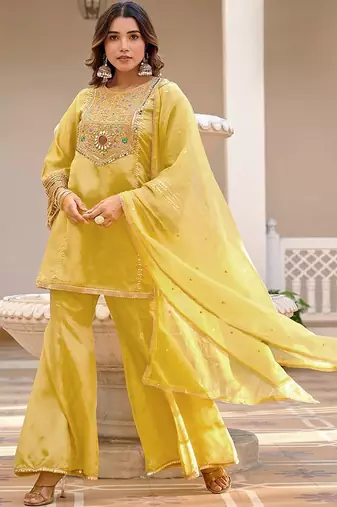Women floral embroidered panelled sequinned kurta with palazzos & with dupatta
