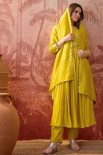 Embroidered & zari-detailed a-line kurta sets with dupatta