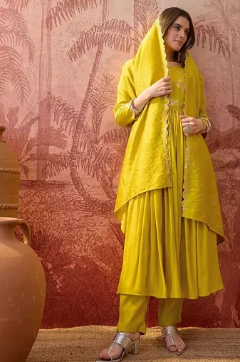 Embroidered & zari-detailed a-line kurta sets with dupatta