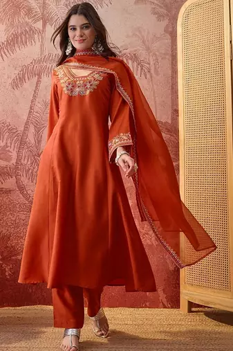 Embroidered a-line kurta & trousers with dupatta