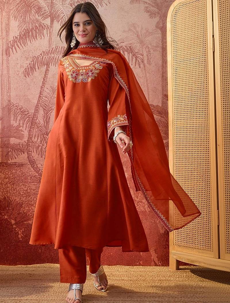 Embroidered a-line kurta & trousers with dupatta
