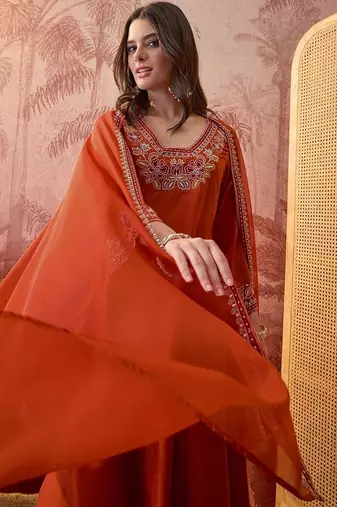 Embroidered a-line kurta & trousers with dupatta