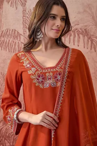 Embroidered a-line kurta & trousers with dupatta