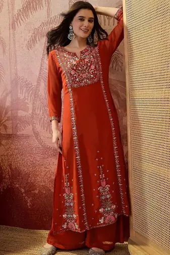 Embroidered round neck kurta & palazzos