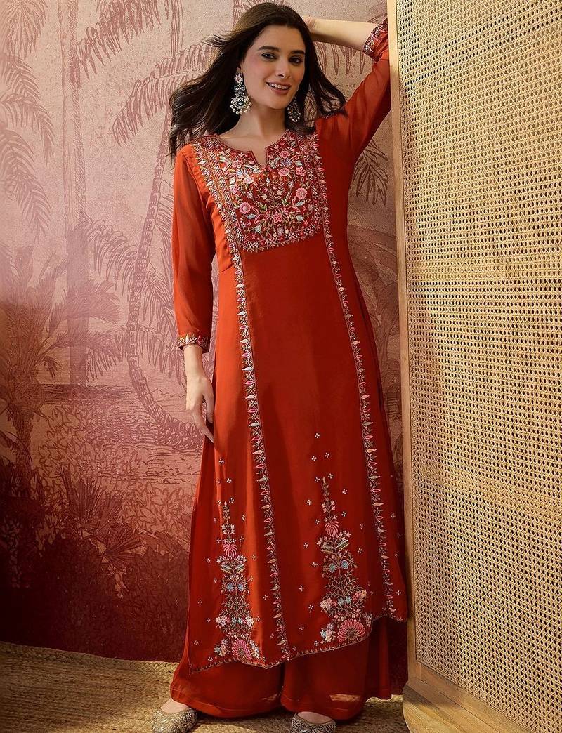 Embroidered round neck kurta & palazzos