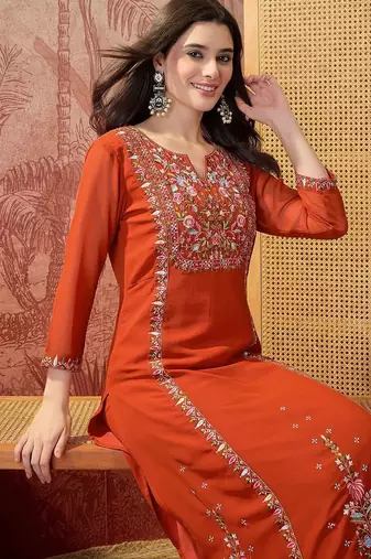 Embroidered round neck kurta & palazzos